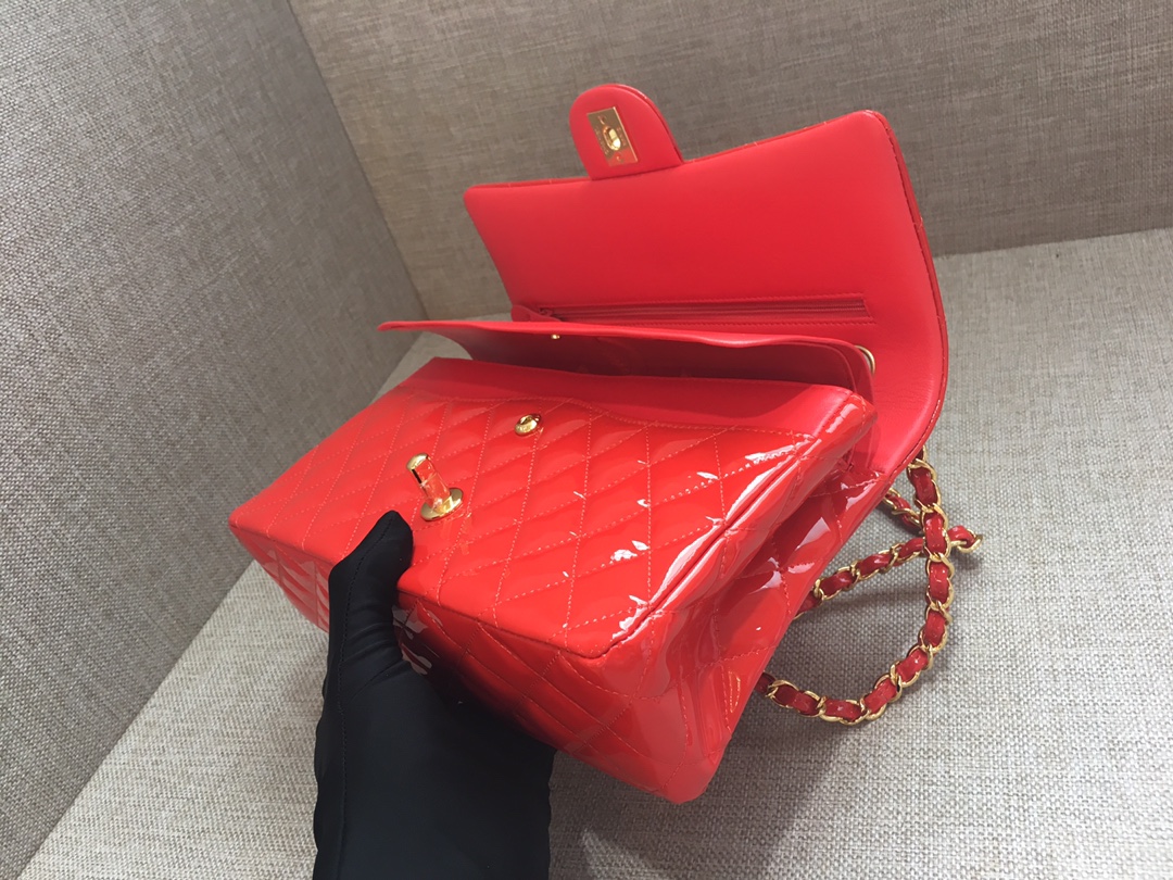 Medium Classic Flap Patent Leather Bag AO1112 Rose Red/Gold